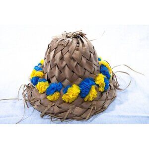 Vtg 1967 Hat Men’s Hawaiian Handmade Palm Frond Woven Blue Yellow 8″ x 11 1/2″